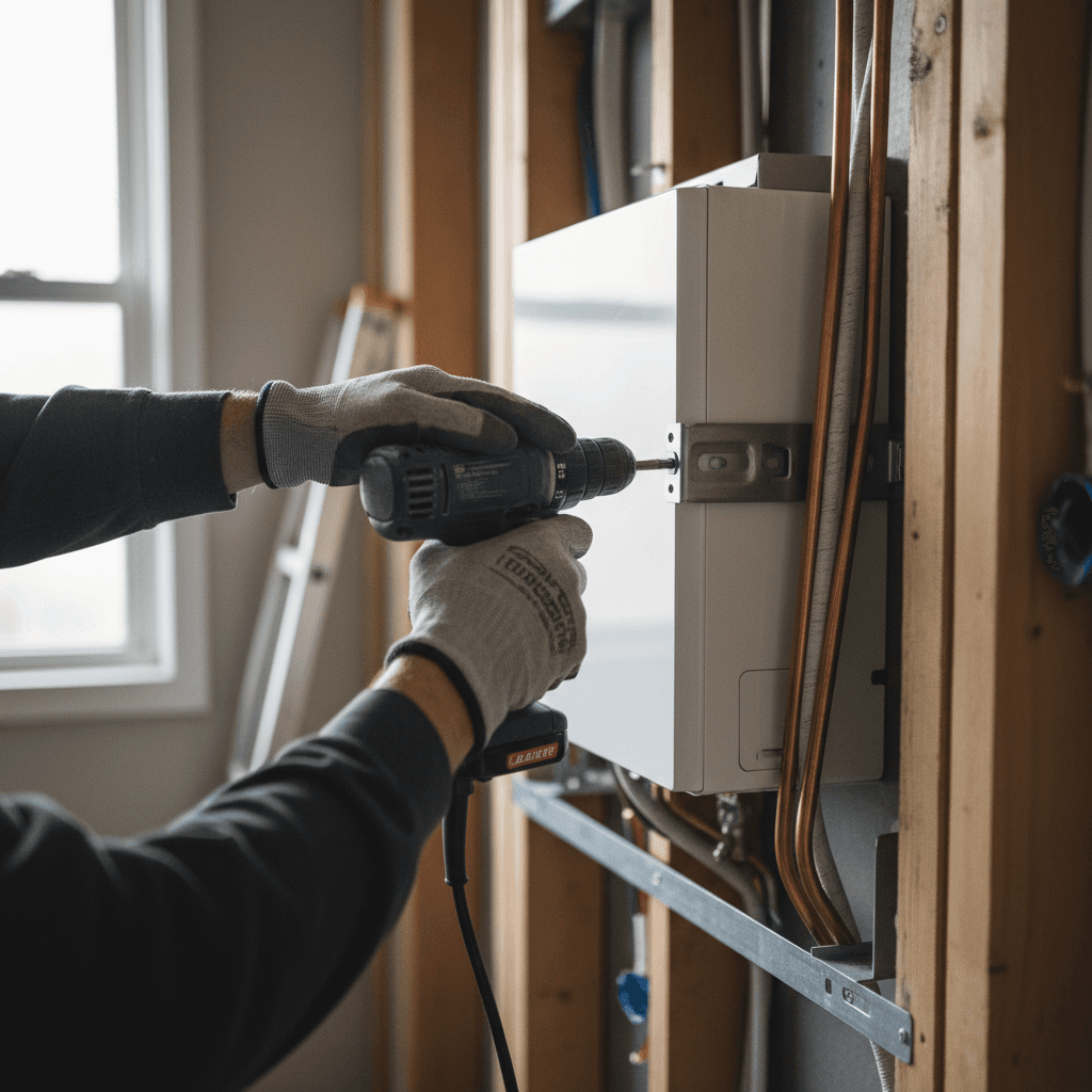 HVAC technician installing new air conditioning unit