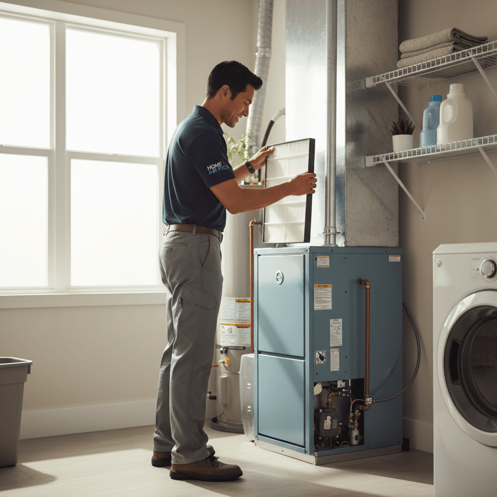 HVAC technician performing furnace maintenance and filter change