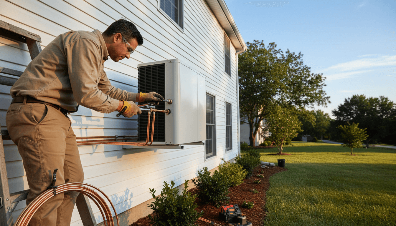 HVAC technician installing air conditioning unit on residential home