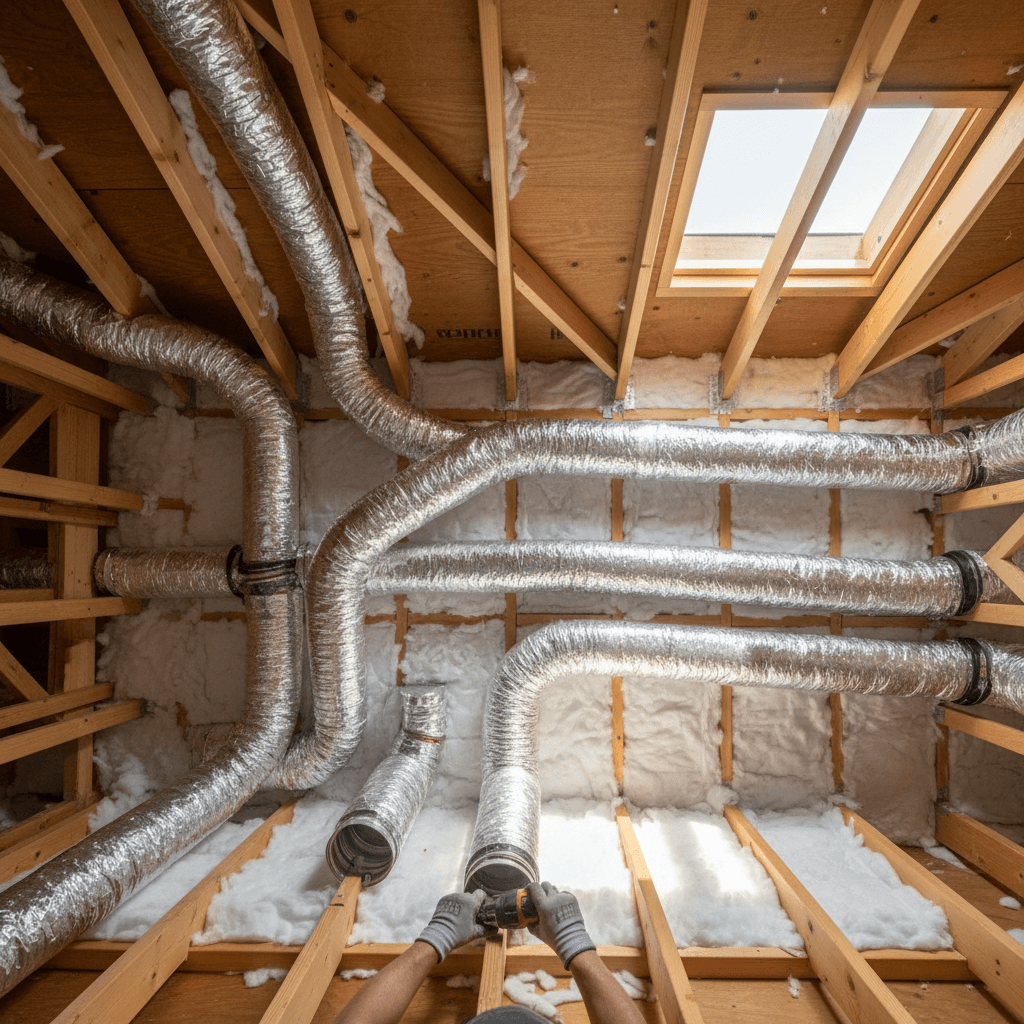 HVAC ductwork installation in residential attic