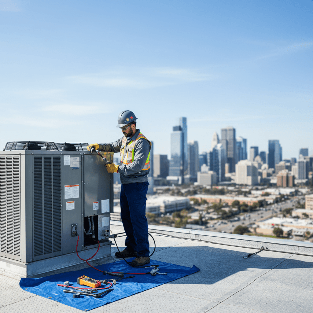 HVAC technician servicing commercial rooftop air conditioning unit