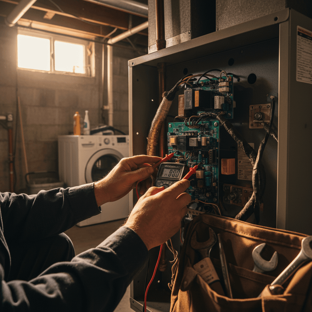 Technician diagnosing HVAC system with diagnostic tools