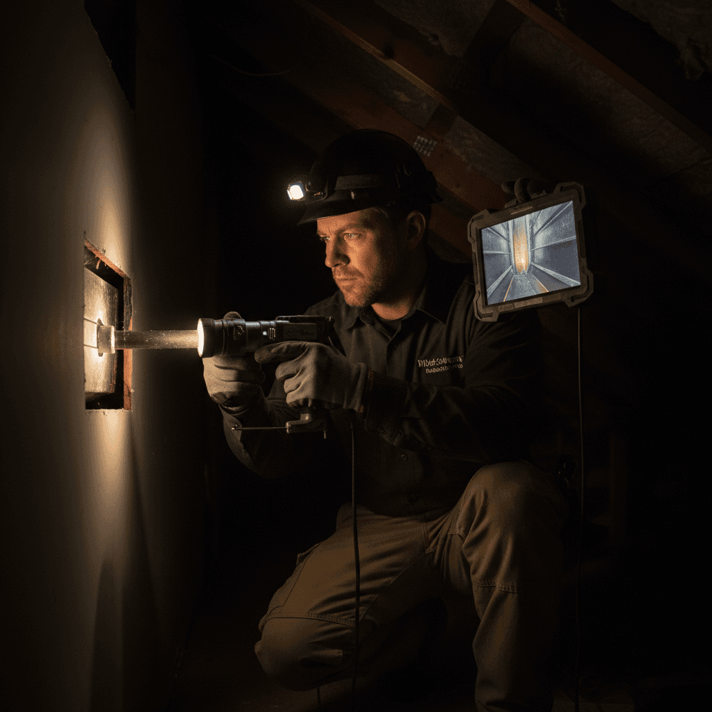 HVAC technician inspecting ductwork with camera equipment