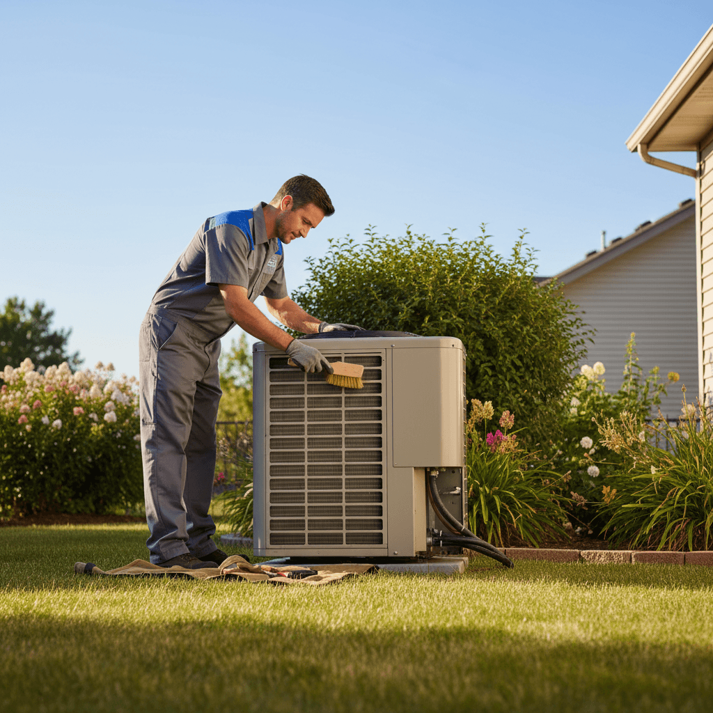 HVAC technician performing seasonal maintenance on outdoor unit