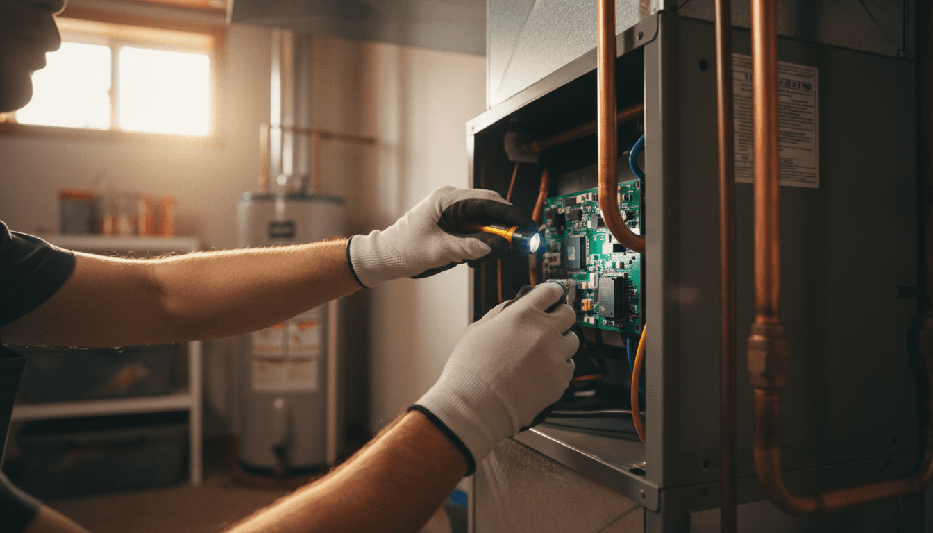 HVAC technician inspecting heating system in residential home
