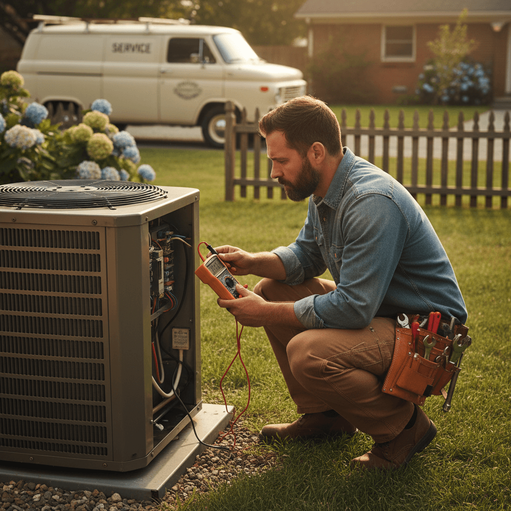HVAC technician diagnosing air conditioning problem