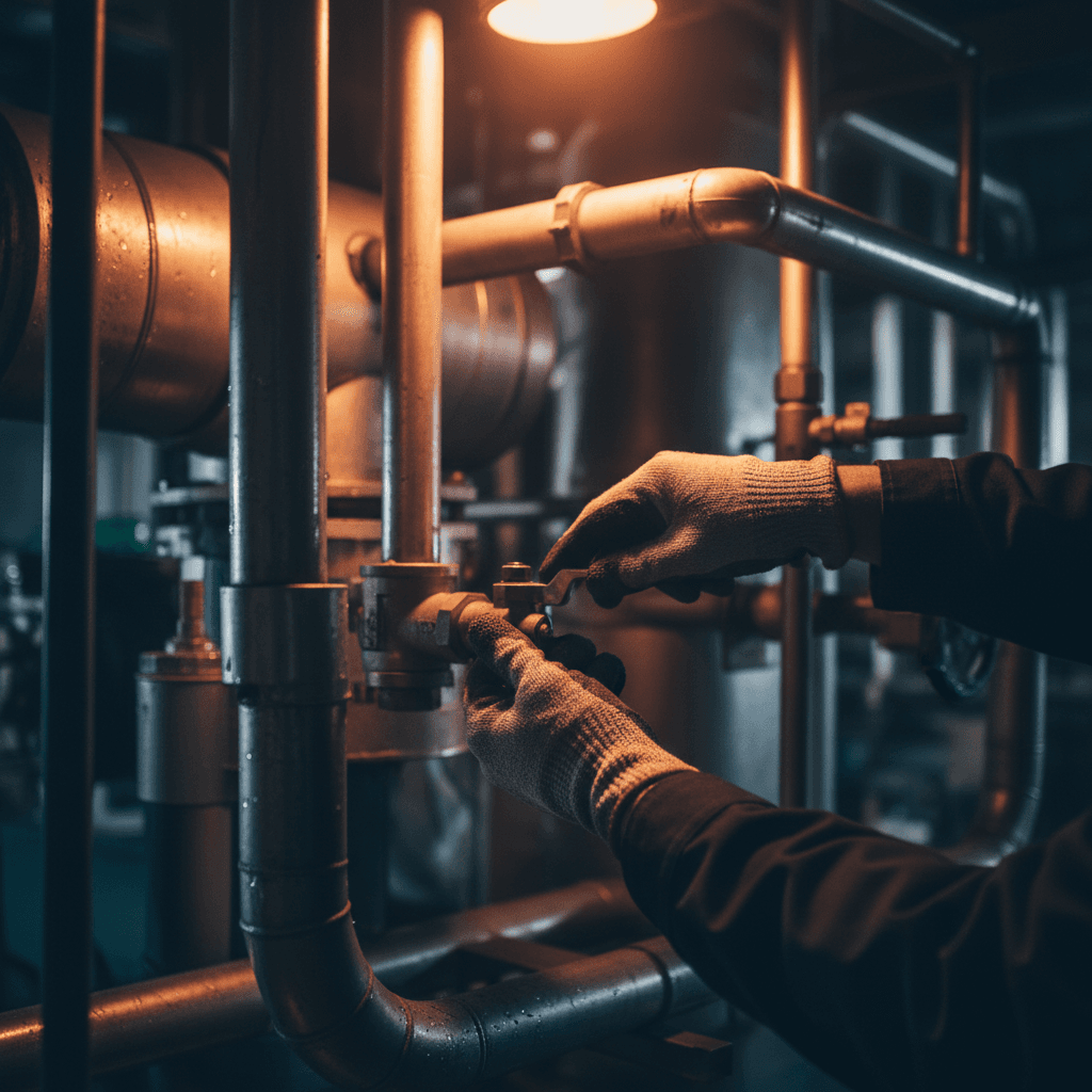 Technician performing careful HVAC maintenance