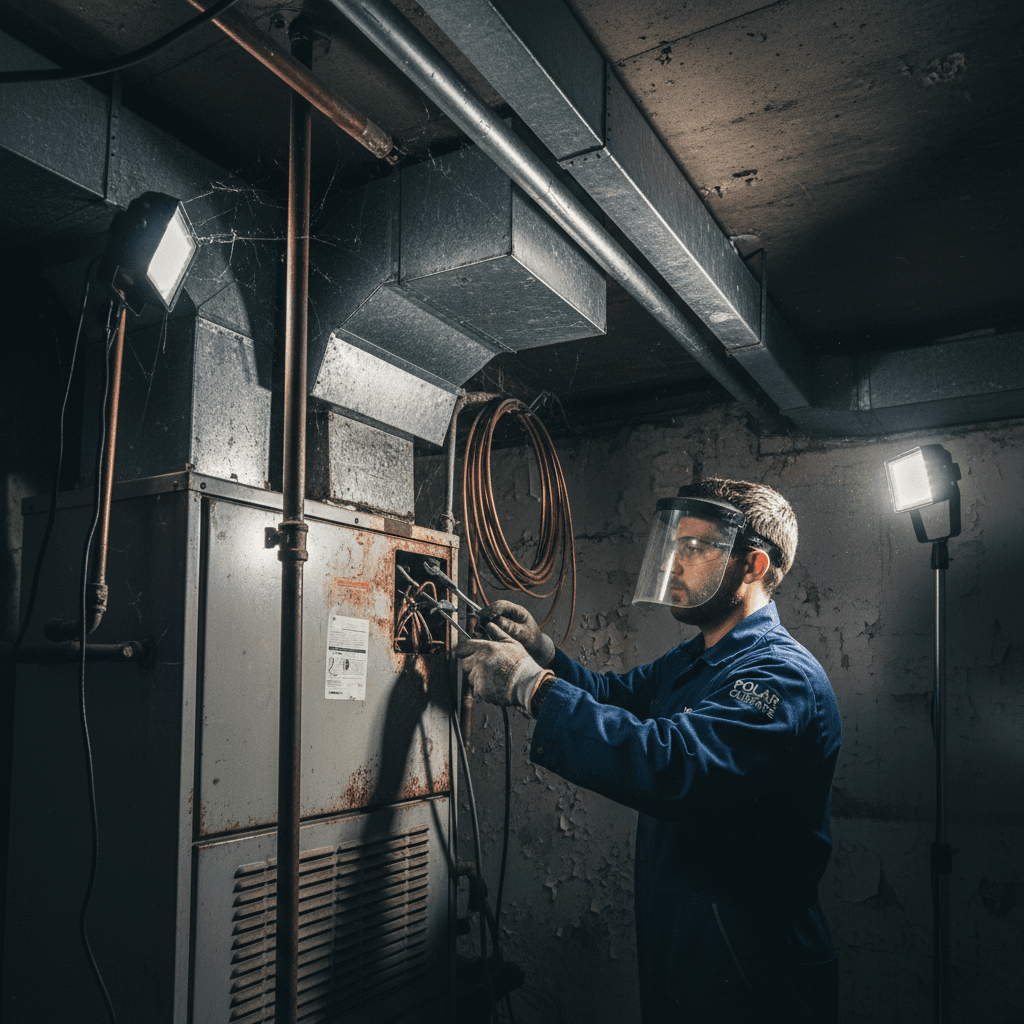HVAC technician removing old furnace for replacement